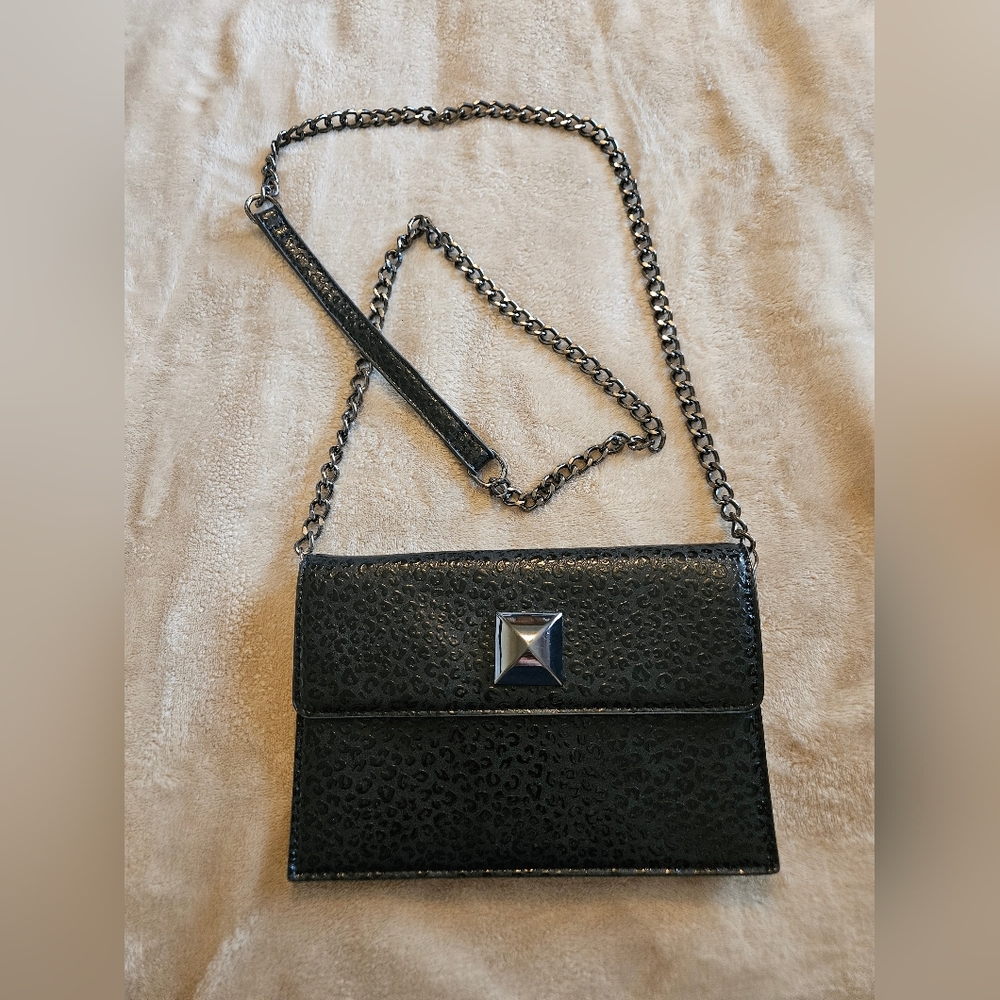 Sondra Roberts Black Leopard-Embossed Chain Crossbody